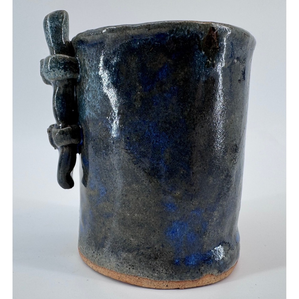 Handmade Ceramic Mug Dark Blue Glaze Textured Handle Pottery Drinkware Bamboo - Picture 4 of 13